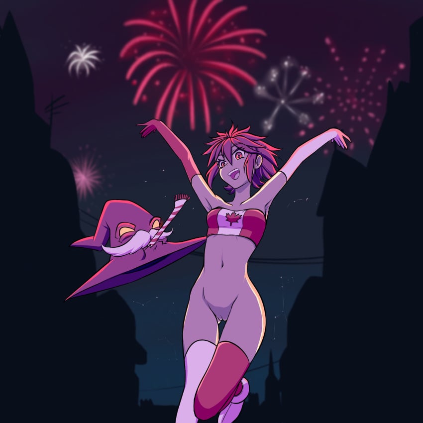 bottomless bottomless_female canada canada_day canadian canadian_flag celebration envious_fool exhibitionism fireworks foie_(envy) foolintisimo gloves magic_hat night night_sky outdoors outside pussy red_hair smile thigh_highs thighhighs