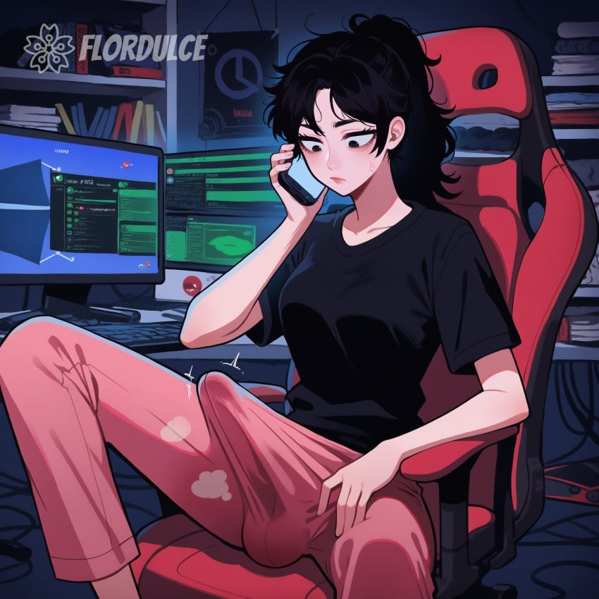 1futa ai_generated black_eyes black_hair black_shirt bored briang1748 cellphone computer covered_penis erect_penis erection erection_under_clothes erection_under_clothing flordulce futa_only futanari gamer_girl gaming_chair gaming_pc gaming_room indoors looking_at_genitalia looking_at_penis looking_down_at_penis messy_hair neet pajama_pants penis ponytail room shirt sitting solo_futa spread_legs sweaty_gamer_girl_(briang1748) talking_on_phone using_phone