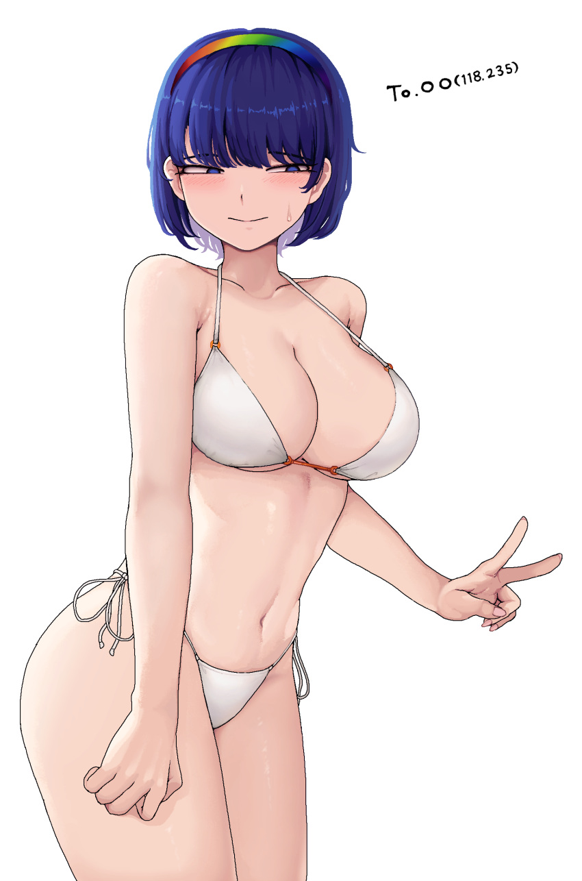 1girls 2d bare_shoulders belly belly_button big_breasts bikini bikini_only breasts busty chimata_tenkyuu cleavage female goddess hair_ornament hips large_breasts looking_down looking_to_the_side nervous nervous_smile pose posing purple_eyes purple_hair short_hair shy solo son_(artist) source standing sweatdrop swimwear touhou v white_background