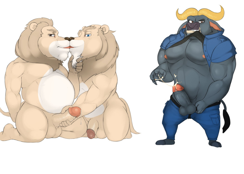 anthro balls beard big_muscles bovine buffalo chief_bogo circumcised clothing cum disney dripping duo erection facial_hair father_of_the_pride feline flaccid furry gay handjob horn kissing kneeling larry_(father_of_the_pride) lion male male_only mammal multiple_images musclegut muscular naughty_face nude overweight overweight_male pants_down pecs penis penis_grab police_officer precum precum_string sarmoti seyrmo shirt shirt_in_mouth solo standing uniform vein veiny_penis yaoi zootopia