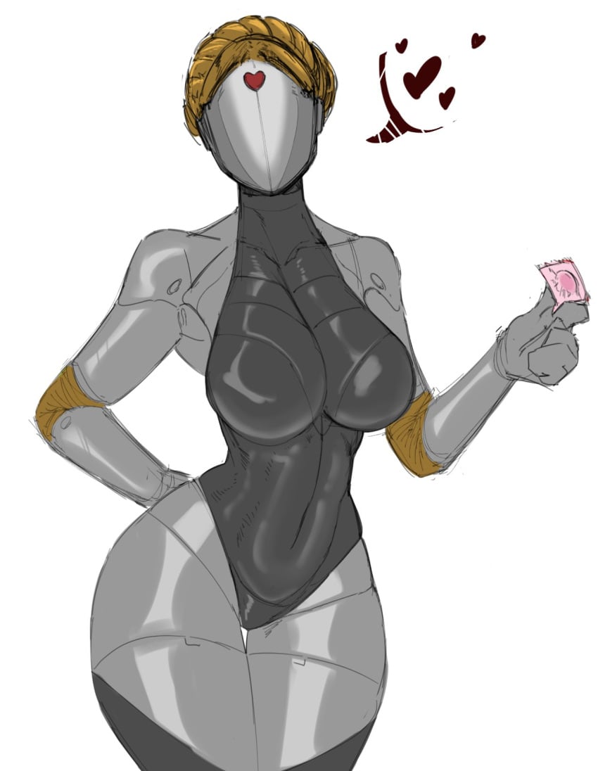 1girls atomic_heart bare_arms bare_shoulders bare_thighs big_breasts brown_hair clothed clothing color condom dare_to_exist eyeless_female faceless_female female female_focus female_only fit_female hi_res large_breasts robot robot_girl robot_humanoid short_hair solo solo_female tagme the_twins_(atomic_heart) thick_thighs