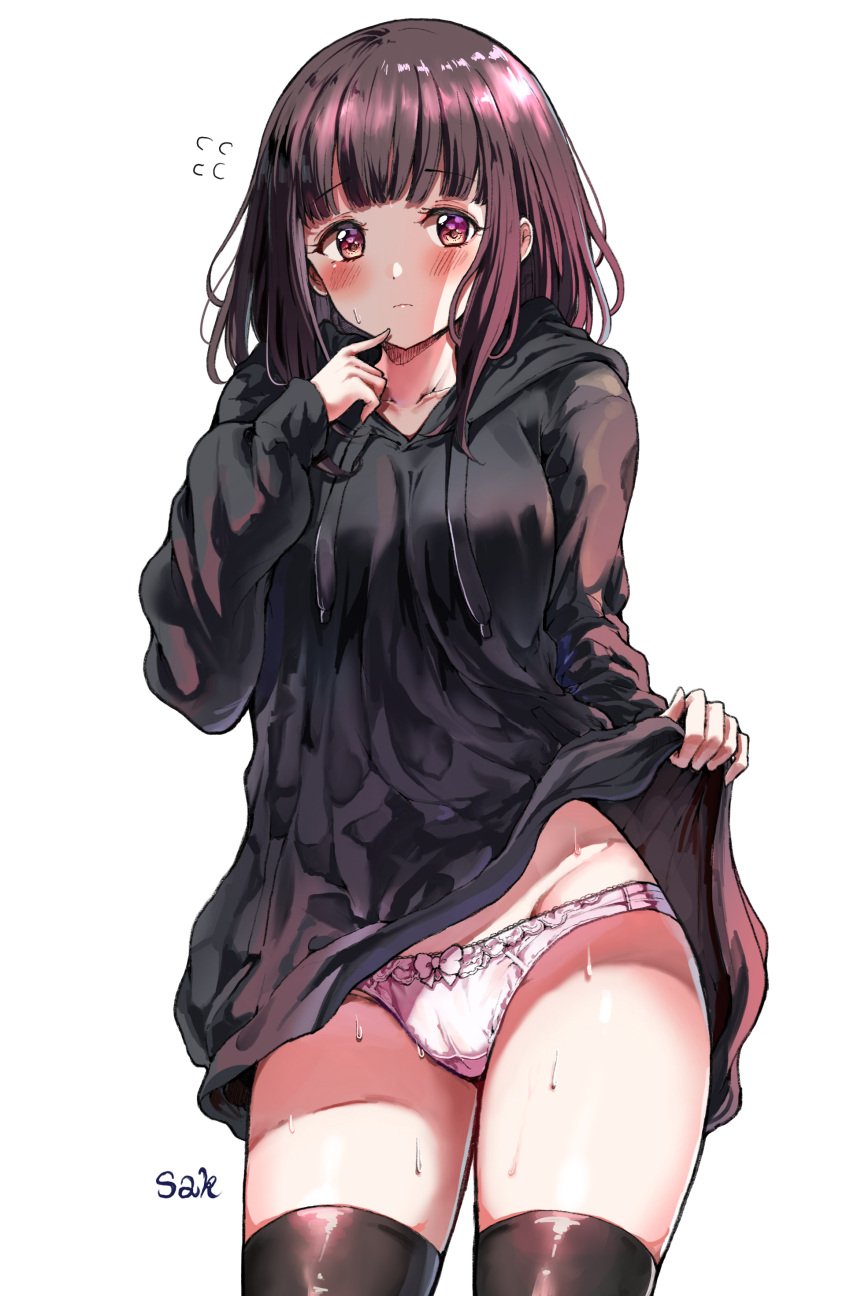 2019 absurdres blush borrowed_character brown_eyes brown_hair closed_mouth clothes_lift cowboy_shot female flying_sweatdrops groin hand_up highres hood hood_down hoodie hoodie_lift line_(naver) long_sleeves looking_at_viewer medium_hair menhera_chan_(nanase_kurumi) menhera_shoujo_kurumi-chan nanase_kurumi_(menhera-chan) original panties pink_panties ribbon-trimmed_panties sak_(lemondisk) sidelocks simple_background sleeves_past_wrists solo sweat thighhighs underwear white_background