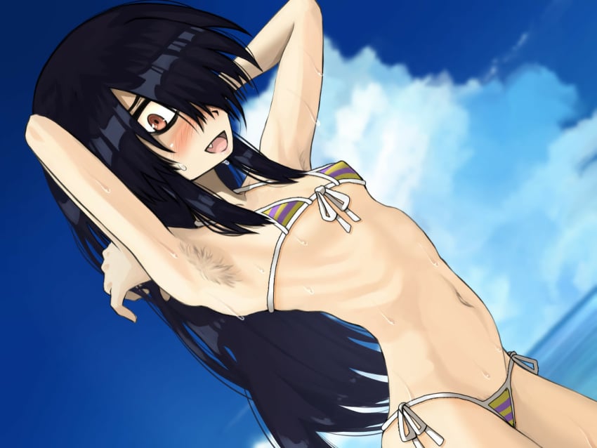1girls armpit_hair armpits arms_behind_head beach black_hair breasts cloud covered_erect_nipples female female_only game_cg hair_over_one_eye highres izumozaki_neneko jacket legs long_hair looking_at_viewer navel ocean official_art open_mouth pose posing red_eyes ribs sexy_armpits shironagasu-tou_e_no_kikan skinny small_breasts solo sweat swimsuit thighs water