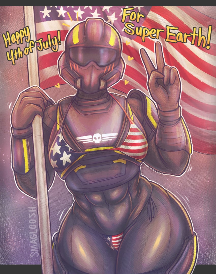 1girls 4th_of_july abs american_flag_bikini armor athletic_female helldiver_(helldivers) helldivers_2 helmet peace_sign smagloosh thick_thighs