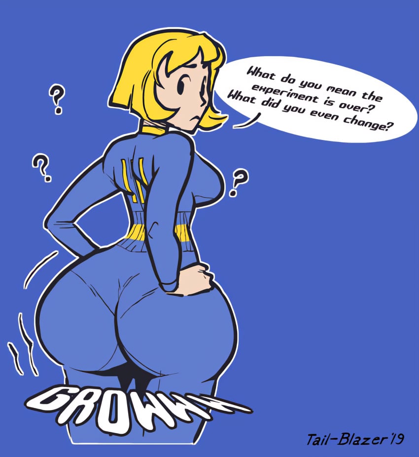 1girls ass ass_expansion bethesda_softworks big_ass big_butt bimbo blonde bottom_heavy breasts bubble_ass bubble_butt clothed clothed_female clothing color confusion curvy english_dialogue english_text fallout fallout_4 female female_focus female_only fully_clothed growth hands_on_hips higher_resolution_duplicate jumpsuit large_ass looking_at_viewer looking_back medium_breasts mob_face oblivious presenting presenting_hindquarters short_hair signature simple_background solo solo_female solo_focus tagme tail-blazer thick thick_ass thick_thighs thin thin_waist unaware upscaled vault_111 vault_girl vault_suit watermark wide_hips