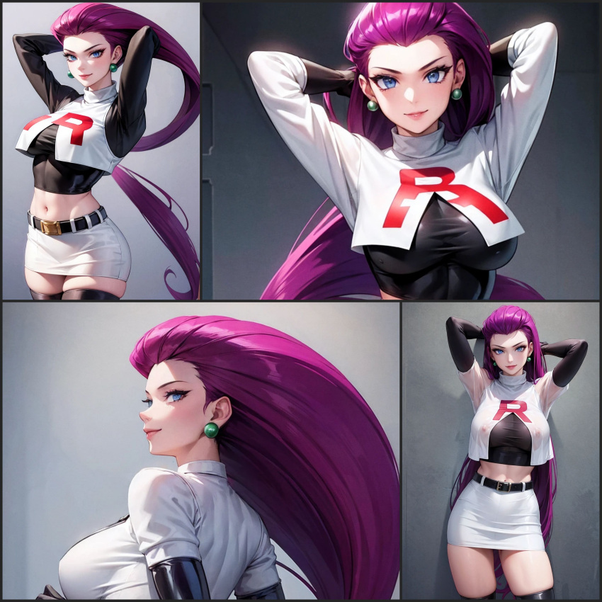 ai_generated big_breasts blue_eyes collage jessie_(pokemon) large_breasts long_hair multiple_views pokemon purple_hair