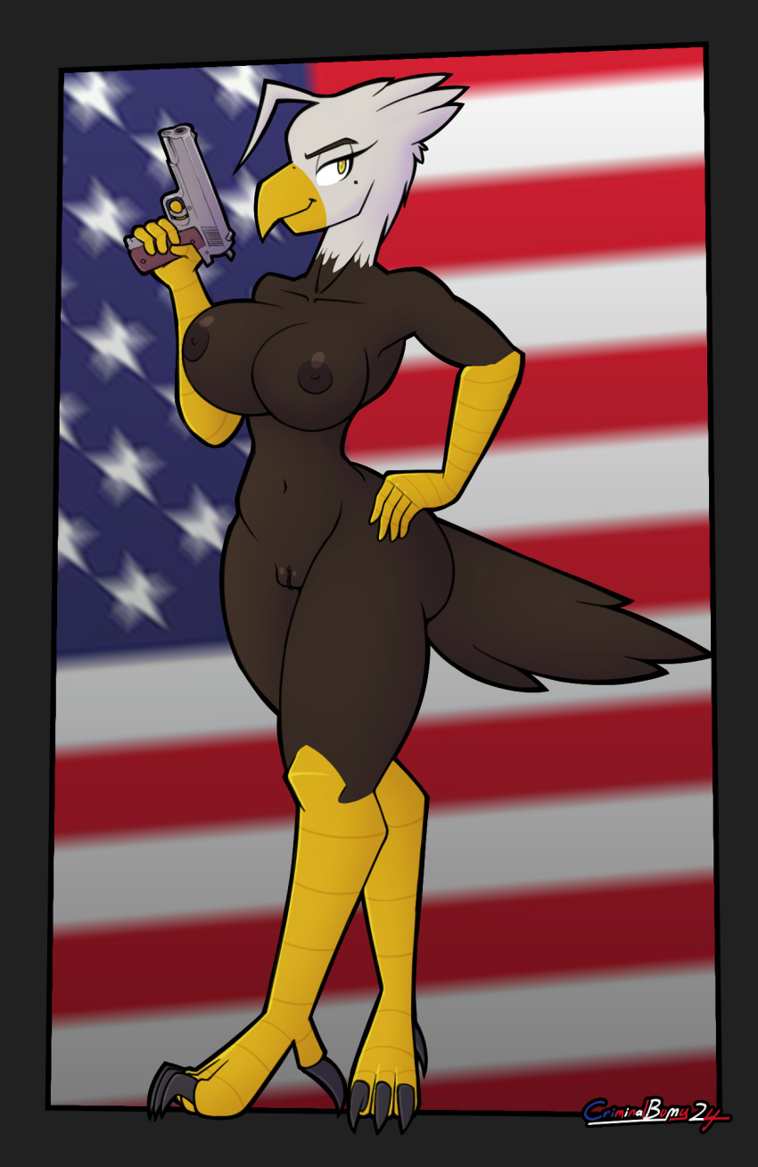 4th_of_july accipitrid accipitriform american_flag anthro ass avian bald_eagle big_breasts big_butt bird border breasts brown_nipples countershade_face criminalbunnydraws eagle eyelashes female genitals gun hand_on_hip handgun hi_res holding_object holding_weapon holidays long_eyelashes looking_at_viewer markings mole_(marking) nipples nude pistol pussy ranged_weapon sea_eagle side_butt small_waist solo weapon wide_hips yellow_eyes