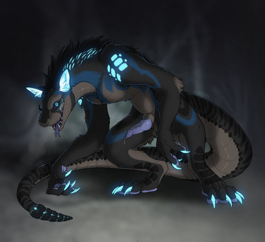 anthro asralore canid canine canis claws coyote fallout forked_tongue genitals glowing glowing_claws hi_res hybrid knot knotted_penis looking_at_viewer male mammal microsoft night_stalker_(fallout) penis rattle_(anatomy) reptile scalie snake solo tongue werecreature