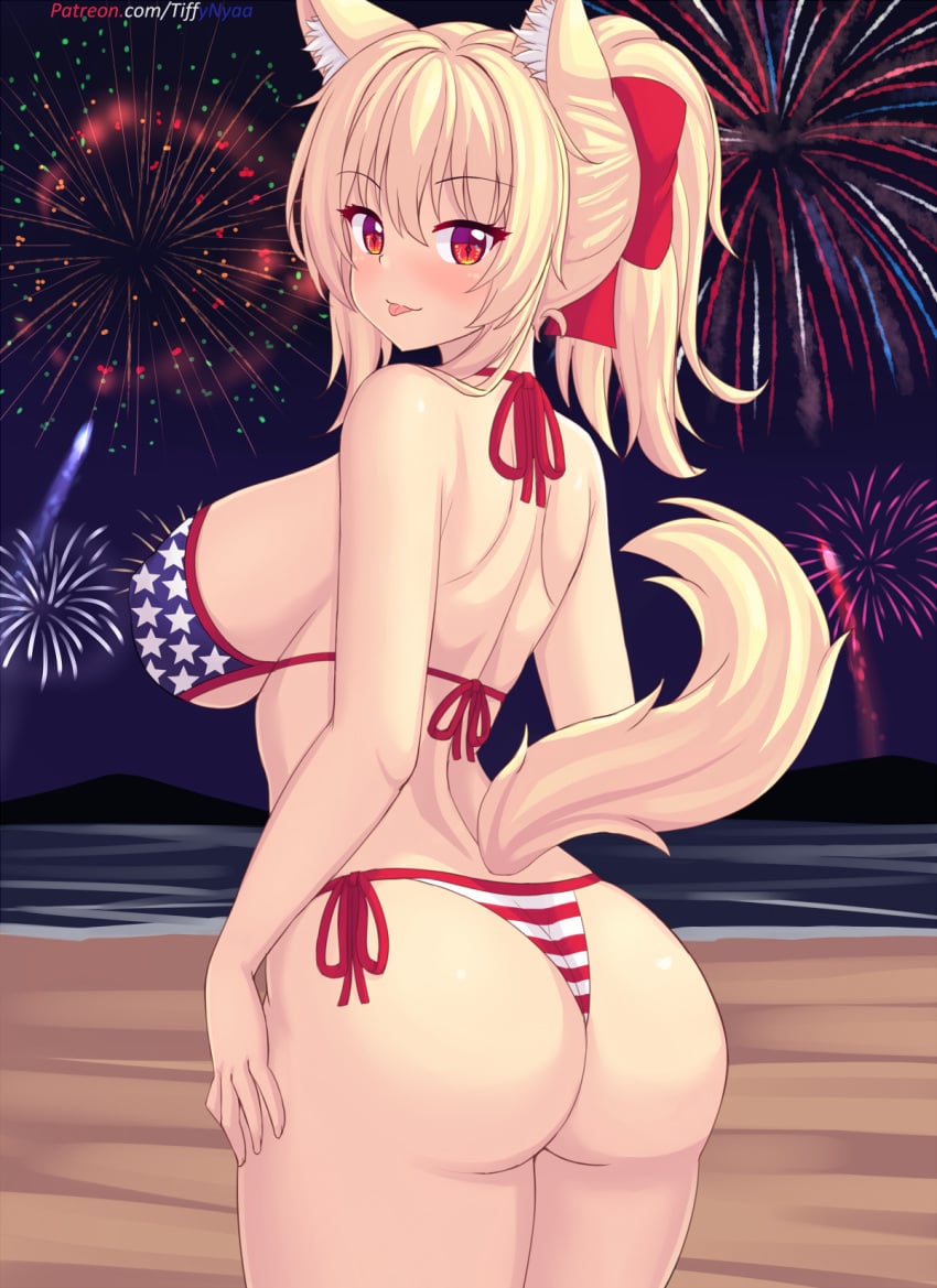 1girls 4th_of_july american_flag_bikini ass bikini blonde_hair breasts cat_ears catgirl dat_ass female huge_ass huge_breasts light-skinned_female light_skin long_hair ponytail red_eyes thick_thighs tiffy tiffynyaa