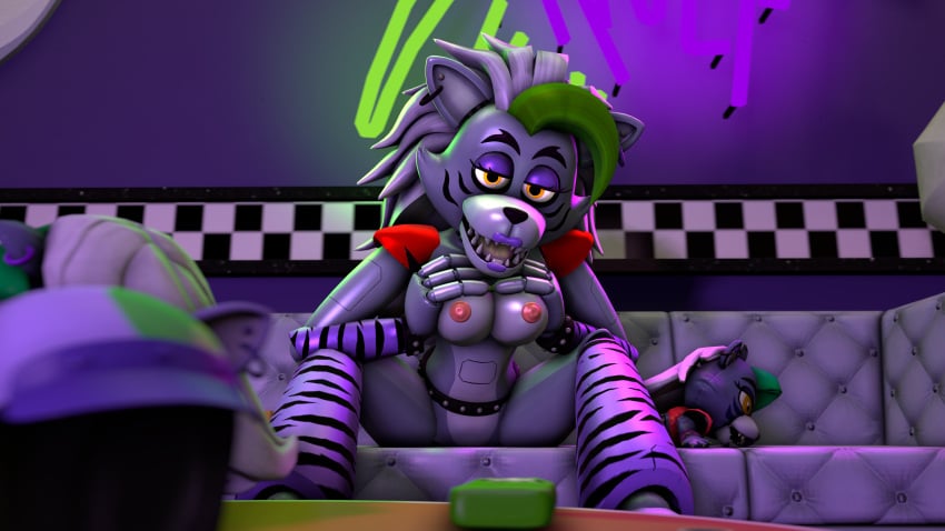 3d 4k animatronic arm_band big_breasts breasts checkered_wall disboi215 ear_piercing earrings facepaint female five_nights_at_freddy&#039;s five_nights_at_freddy&#039;s:_security_breach fnaf green_hair grey_body grey_hair helmet highres kneehighs kneesocks leaning_forward legs_spread naked neon_lights nude orange_eyes pink_nipples plush purple_lipstick pushing_breasts_together red_shoulder_pads robot roxanne_wolf_(fnaf) sfm silver_hair sitting sitting_on_couch source_filmmaker spiked_belt spiked_bracelet spiked_collar squeezing_breasts wrist_cuffs zebra_print