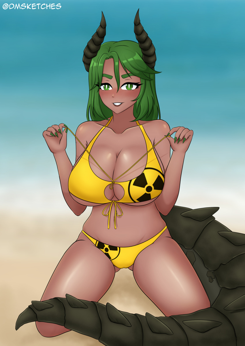 beach bikini bikini_pull cleavage dark-skinned_female dark_skin deathclaw deathclaw_humanoid dmdemon fallout female female_only gijinka green_hair horns huge_breasts large_breasts large_tail lipstick oc radioactive_sign revealing_clothes sharp_nails smirk smirking_at_viewer string_bikini string_pull tail underboob