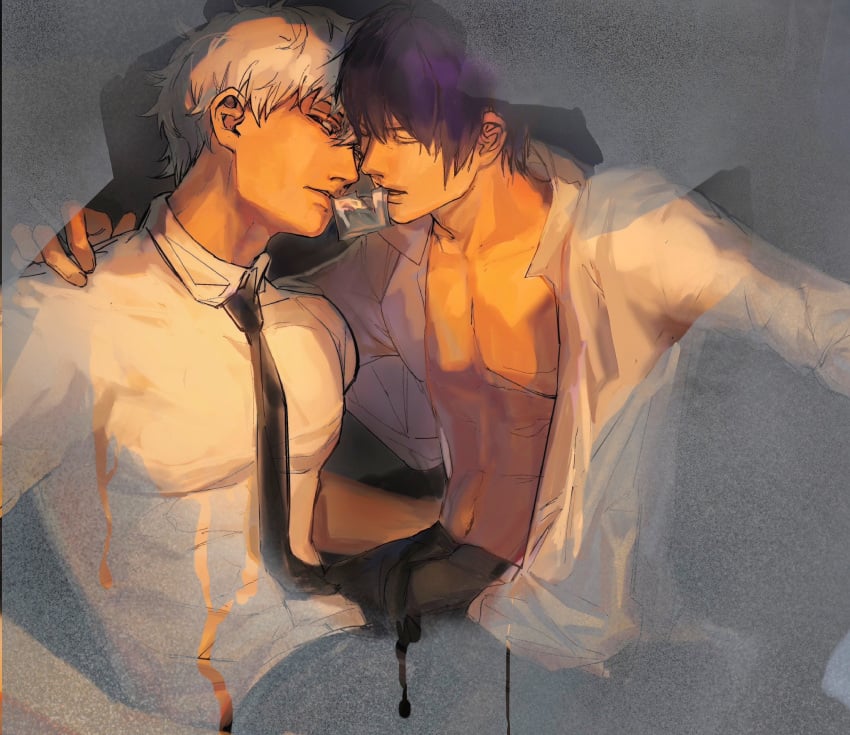 2boys closed_eyes condom condom_in_mouth condom_wrapper dress_shirt gay gintama gintoki_sakata hokukei looking_at_viewer male male_only necktie open_shirt purple_hair takasugi_shinsuke white_hair yaoi