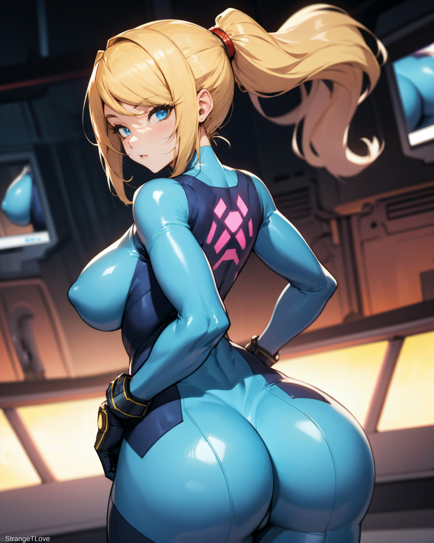 1girls absurd_res ai_generated ass blonde_hair blue_eyes bodysuit covered_nipples large_breasts looking_at_viewer looking_back metroid ponytail samus_aran strangetlove watermark zero_suit_samus