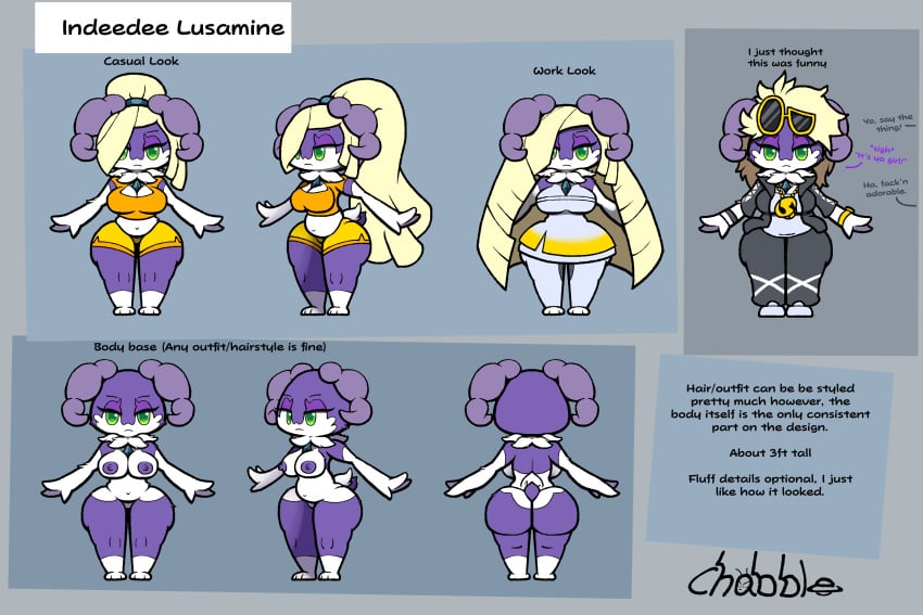 blonde_hair chabble cosplay english_text guzma_(pokemon) indeedee jacket long_hair lusamine_(pokemon) pokegirl_as_pokemon pokemon pokemon_(species) pokemon_sm ponytail post_transformation reference_sheet short_tail shortstack sunglasses tail text