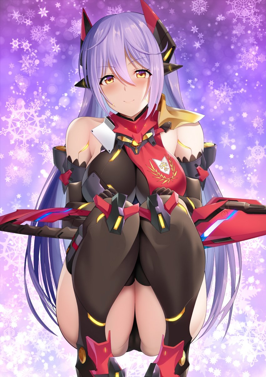 ass big_breasts blush breasts cameltoe clothed core_crystal crouching female kou45210607 leotard long_hair looking_at_viewer orange_eyes poppi_(xenoblade) poppi_qtpi_(xenoblade) purple_hair robot robot_girl solo stockings thick_thighs thighs xenoblade_(series) xenoblade_chronicles_2