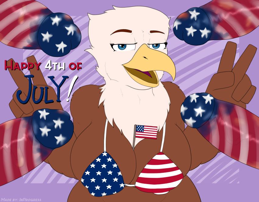 4th_of_july absurd_res accipitrid accipitriform american_eagle american_flag american_flag_bikini anthro avian bikini bikini_top bird clothing eagle female genitals gesture group hand_gesture hi_res holidays inprogress penis swimwear two-piece_swimsuit united_states_of_america v_sign