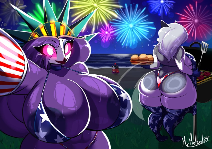 1boy 3girls 4th_of_july american_flag_bikini anthro ass beach big_ass big_breasts bikini breasts bubble_butt burger busty dat_ass demon demon_girl fat_ass female female_focus fireworks food grill grilling hamburger hellhound helluva_boss horns huge_ass huge_breasts imp large_ass large_breasts legwear looking_at_viewer loona_(helluva_boss) male millie_(helluva_boss) moxxie_(helluva_boss) mrmelted night night_sky octavia_(helluva_boss) owl owl_demon png red_skin selfie shiny_skin spatula sweat sweaty_body swimsuit tail thick_ass thick_thighs wide_hips