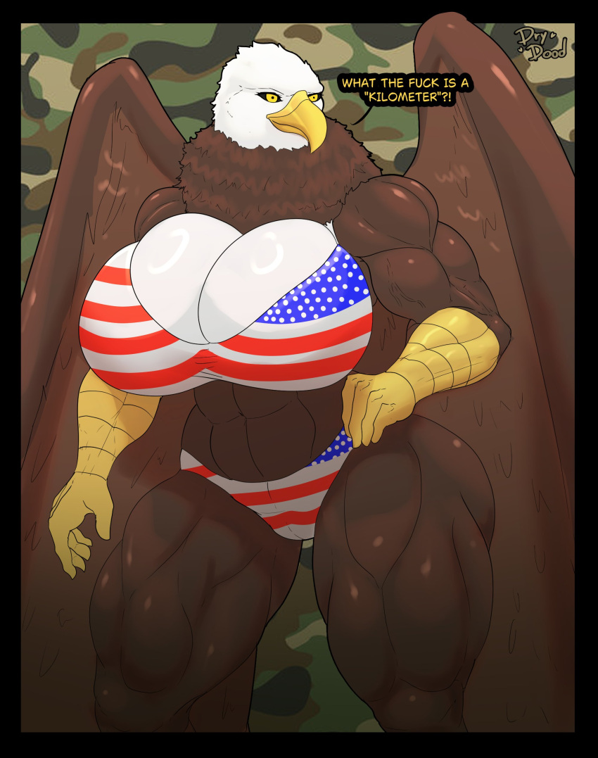 1girls abs american_flag_bikini athletic_female bald_eagle big_breasts dialogue drydude eagle huge_breasts muscular_anthro muscular_arms muscular_female muscular_legs muscular_thighs wings