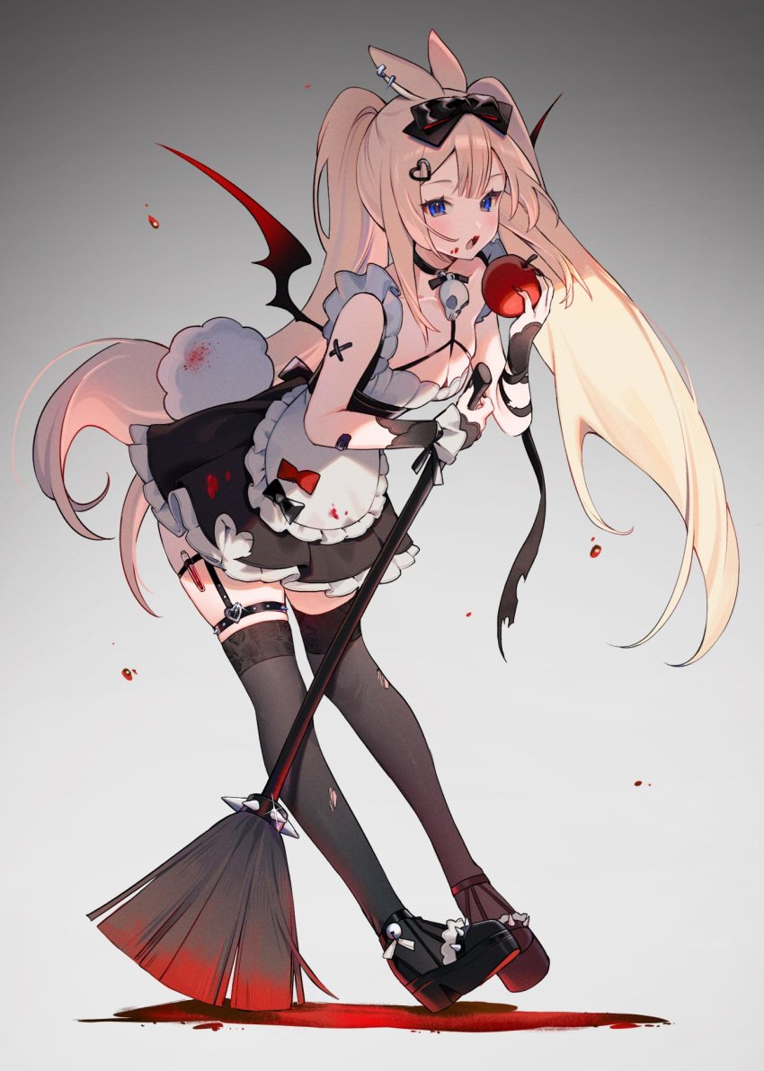 1girl alternate_costume apple apron bare_shoulders bat_wings black_dress black_footwear black_legwear black_wings blonde_hair blood blue_eyes bow breasts bunny_ears bunny_girl choker cleavage dress female food frills fruit full_body garter_straps gradient gradient_background grey_background hair_bow hair_ornament hair_ribbon high_heels holding large_breasts long_hair looking_at_viewer maid medium_breasts open_mouth ribbon shoes solo standing tail thighhighs twintails umbrella very_long_hair virtual_youtuber vyugen waist_apron white_bow wings yenko yenkoes