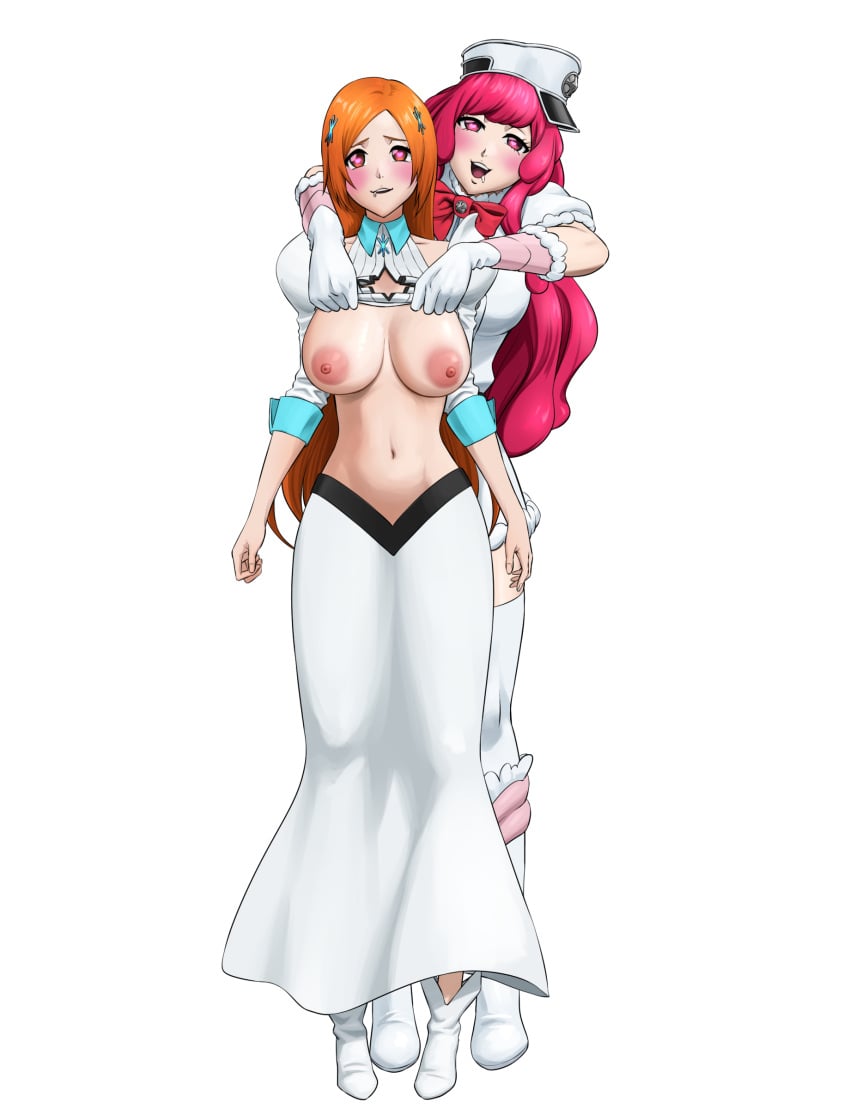 2girls bleach bleach:_the_thousand-year_blood_war breasts breasts_out dressing exposed_breasts hair_ornament hat hypnosis inoue_orihime lifting_shirt looking_at_viewer meninas_mcallon multiple_girls navel nipples open_mouth orange_hair pepe_waccabrada pink_hair undressing unseen_male