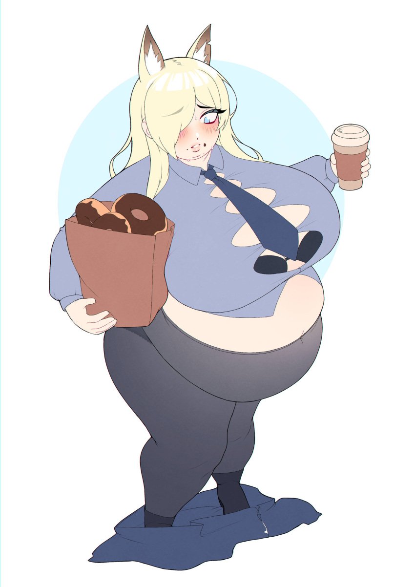 1girls big_belly big_breasts blonde_hair blue_archive blue_eyes blush clothed clothing coffee cop crumbs dog_ears dog_girl donut embarrassed fat female female_only kanna_(blue_archive) long_hair navel obese overweight plump police straining_buttons waltzpurgis wardrobe_malfunction