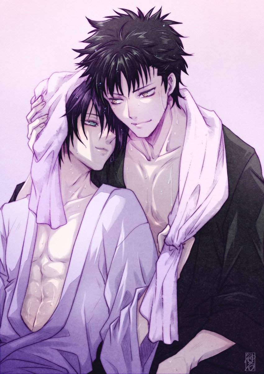 2boys black_hair cross_guilty gay gintama green_eyes hair_over_one_eye hand_on_another&#039;s_head japanese_clothes kawakami_bansai kimono male male_only pale-skinned_male pale_skin purple_hair robe smile takasugi_shinsuke toned toned_male towel towel_around_neck twink wet_body wet_skin wholesome yaoi