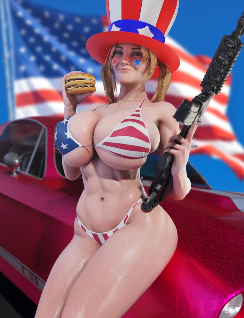 3d 4th_of_july abs american_flag american_flag_bikini ar-15 assault_rifle athletic athletic_female batesz biceps big_breasts big_mac bikini breasts bursting_breasts busty car cleavage dead_or_alive female female_focus female_only fit fit_female gun hamburger hat hourglass_figure huge_breasts large_breasts mcdonald&#039;s navel overflowing_breasts rifle sitting tagme tina_armstrong toned toned_female top_hat tophat wide_hips