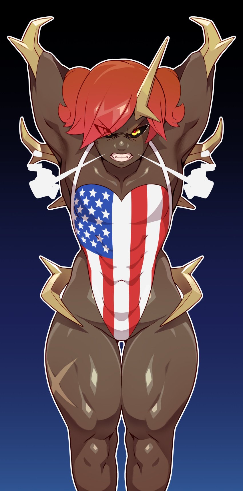 1boy 1femboy 4th_of_july absurd_res american_flag_print angry angry_face arms_behind_head black_sclera combos-n-doodles dark-skinned_femboy dark-skinned_male dark_skin doom femboy girly hdoom imp-tan imp_(doom) leotard looking_at_viewer male male_only red_hair solo spikes strapless_leotard teeth_clenched thick_thighs toned toned_male yellow_eyes