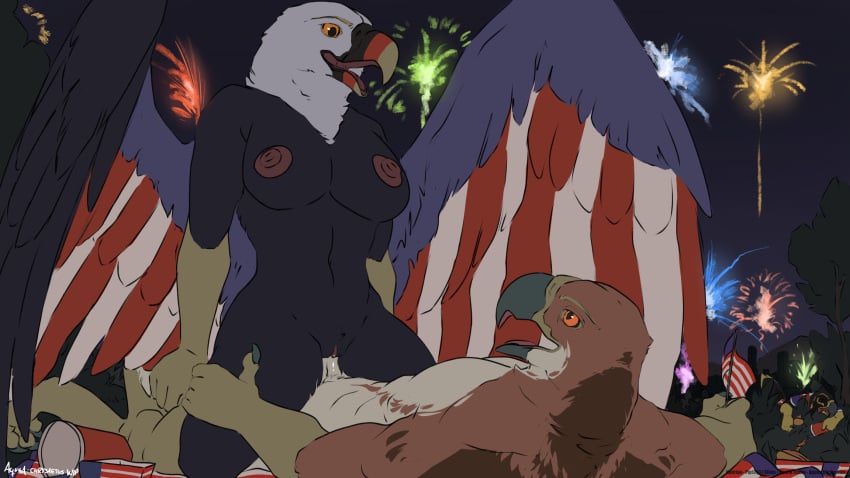 4th_of_july accipitrid accipitriform american_flag anthro aquila_chrysaetos avian bald_eagle big_breasts bird bodypaint breasts buteo chickenhawk cowgirl_position duo eagle female female_on_top fireworks food freedom from_front_position genitals hi_res holidays hot_dog male male/female on_bottom on_top penetration pussy red-tailed_hawk sea_eagle sex unfinished united_states_of_america vaginal_penetration vaginal_penetration