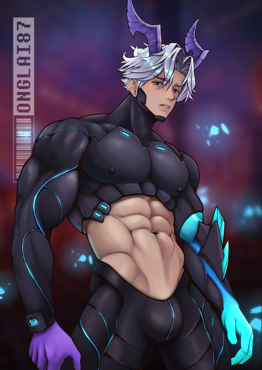 1boy abs alternate_costume armor baili_shouyue_(honor_of_kings) bulge exposed_midriff futuristic futuristic_armor honor_of_kings horn looking_at_viewer looking_down looking_down_at_viewer male male_only muscular muscular_arms navel nipple_bulge official_alternate_costume onglai87 purple_horn solo solo_male standing tight_clothing white_hair