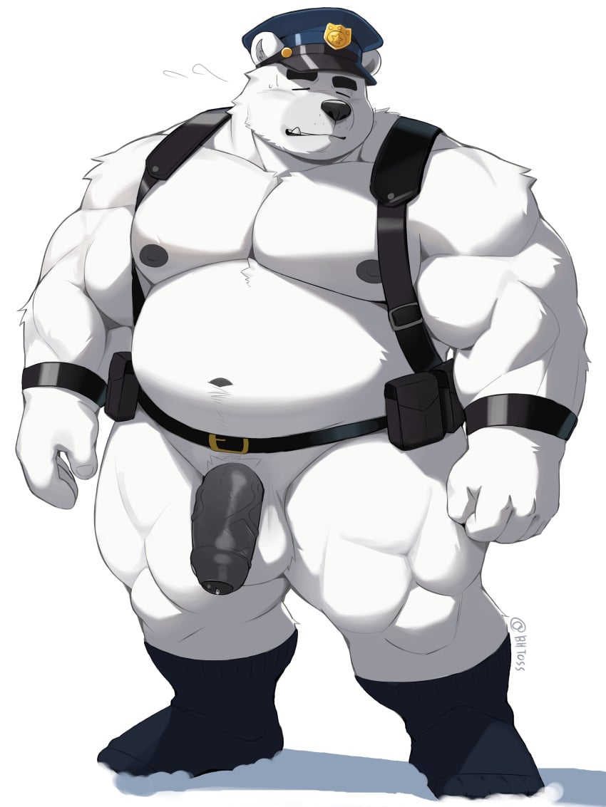 2024 absurd_res anthro balls bear belly bhtoss big_belly black_nose closed_eyes cute_fangs fur genitals hi_res kemono male mammal moobs musclegut muscular navel nipples overweight overweight_male penis polar_bear police police_hat simple_background solo ursine white_background white_body white_fur