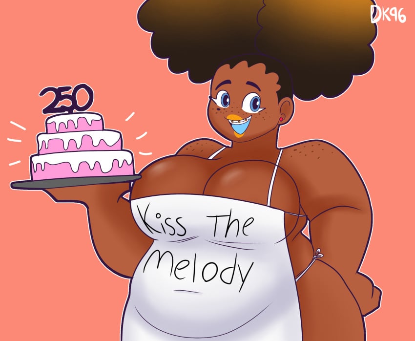 afro_puffs apron apron_only big_belly big_breasts braces breasts breasts_squeezed_together cake chubby chubby_belly chubby_female daisykitty96 dark-skinned_female dark_skin fat female female_only melody_(daisykitty96) overweight_female solo solo_focus thick_thighs