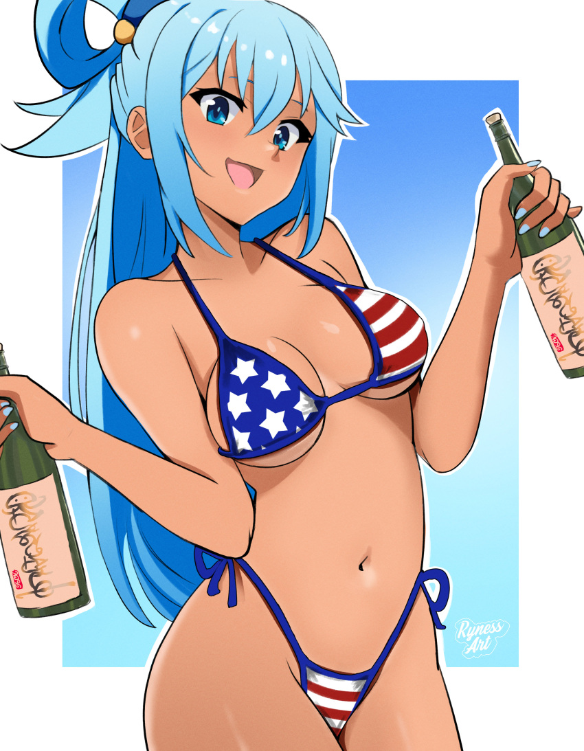 1girls alcohol american_flag american_flag_bikini aqua_(konosuba) aqua_eyes aqua_hair big_breasts bikini blue_eyes blue_hair blue_nails bottle breasts flag flag_bikini kono_subarashii_sekai_ni_shukufuku_wo! light_blue_eyes light_blue_hair long_hair looking_at_viewer nail_polish navel open_mouth rynessart solo solo_female swimsuit tan tan_body tanned tanned_female tanned_skin wine wine_bottle