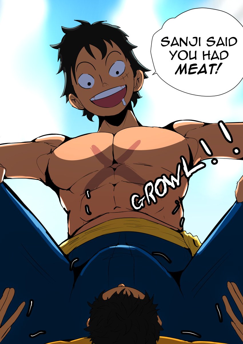 2boys abs artist_request black_hair bulge dialogue erection erection_under_clothes facesitting gay giant larger_male macro male male_focus male_only maledom malesub micro monkey_d_luffy one_piece rumbling_stomach size_difference smaller_male solo_focus tenting text