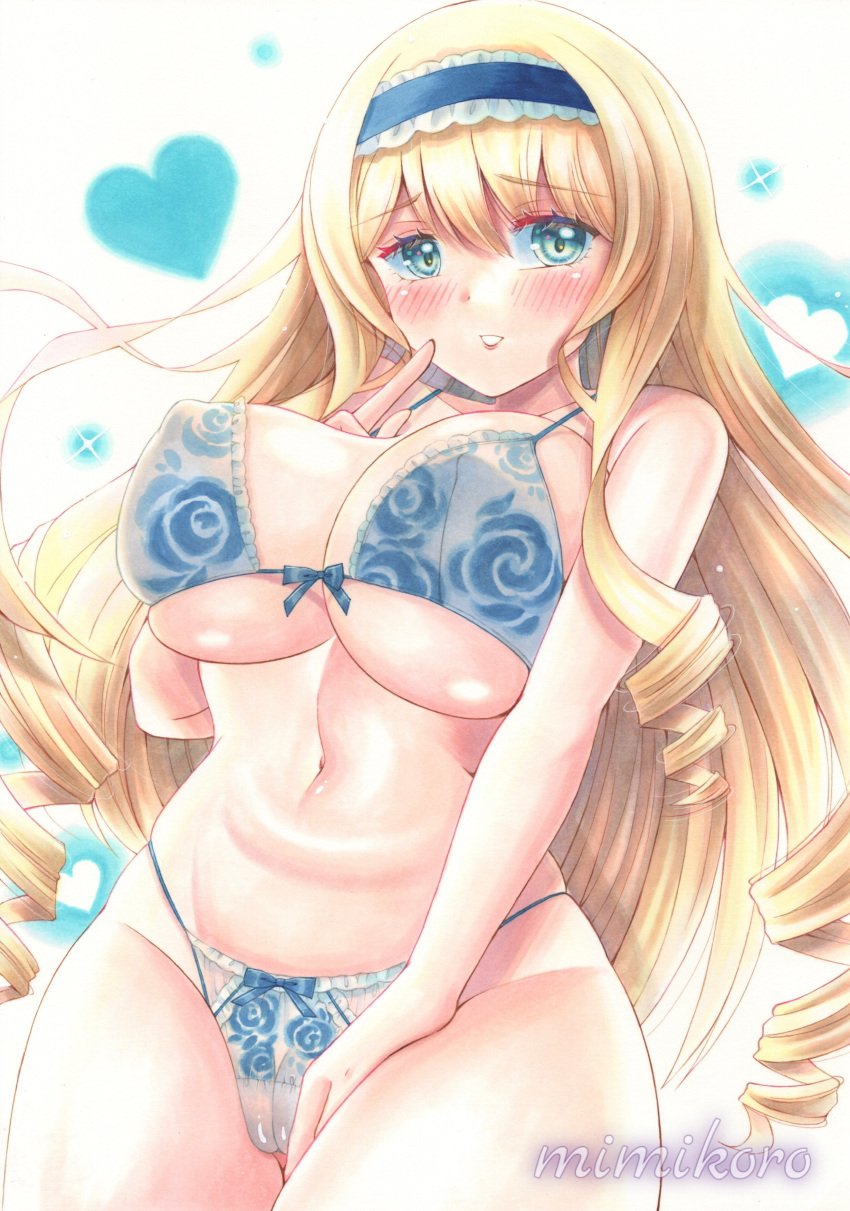 1girls artist_name big_breasts blonde_hair blush bra breasts busty cameltoe cecilia_alcott child_bearing_hips cleavage covered_erect_nipples curvy drill_hair female female_only finger_to_mouth green_eyes headband highres index_finger_raised infinite_stratos large_breasts navel parted_lips smile solo thick_thighs thighs thong traditional_media underboob underwear voluptuous wide_hips