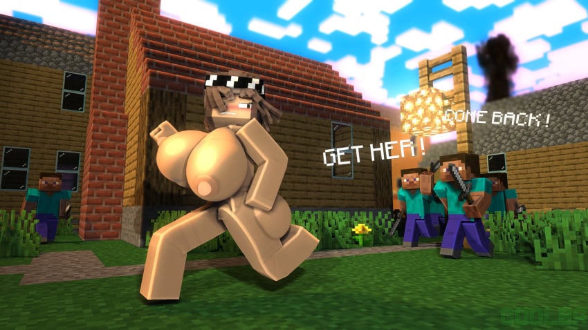 1girls 3d 3d_(artwork) 4boys areolae barefoot breasts completely_nude completely_nude_female female full_body goolba kayla_(minecraft) large_breasts male minecraft naked naked_female nipples nude nude_female running running_away steve_(minecraft)