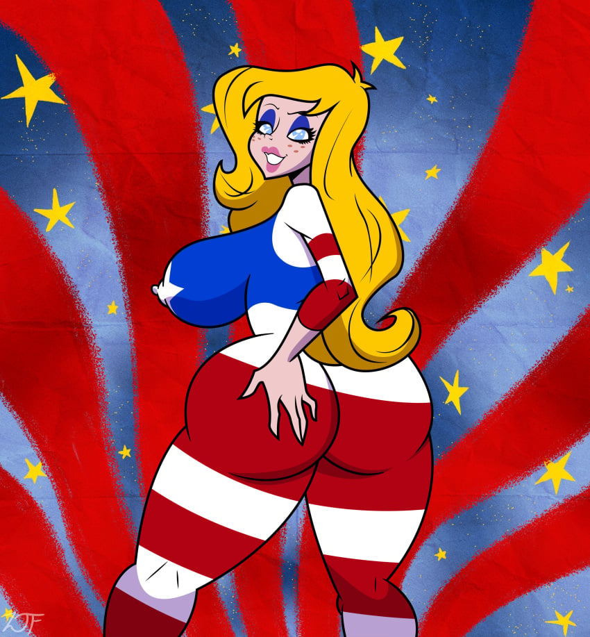 4th_of_july american_flag artist_signature ass back_view big_ass big_breasts blonde_hair blue_eyes breasts bubble_butt busty cel_shading coonskin detailed_background eyelashes eyeshadow freckles glossy_eyed gluteal_fold hand_on_butt kneepits large_ass large_breasts light-skinned_female lipstick long_hair looking_back marigold_(coonskin) miss_america_(coonskin) nipple_bulge nipples puffy_lips ralph_bakshi rustysh4ckl3ford seductive seductive_eyes seductive_look seductive_pose seductive_smile simple_shading skinsuit stars stripes thick_thighs tight_clothing tights very_high_resolution voluptuous