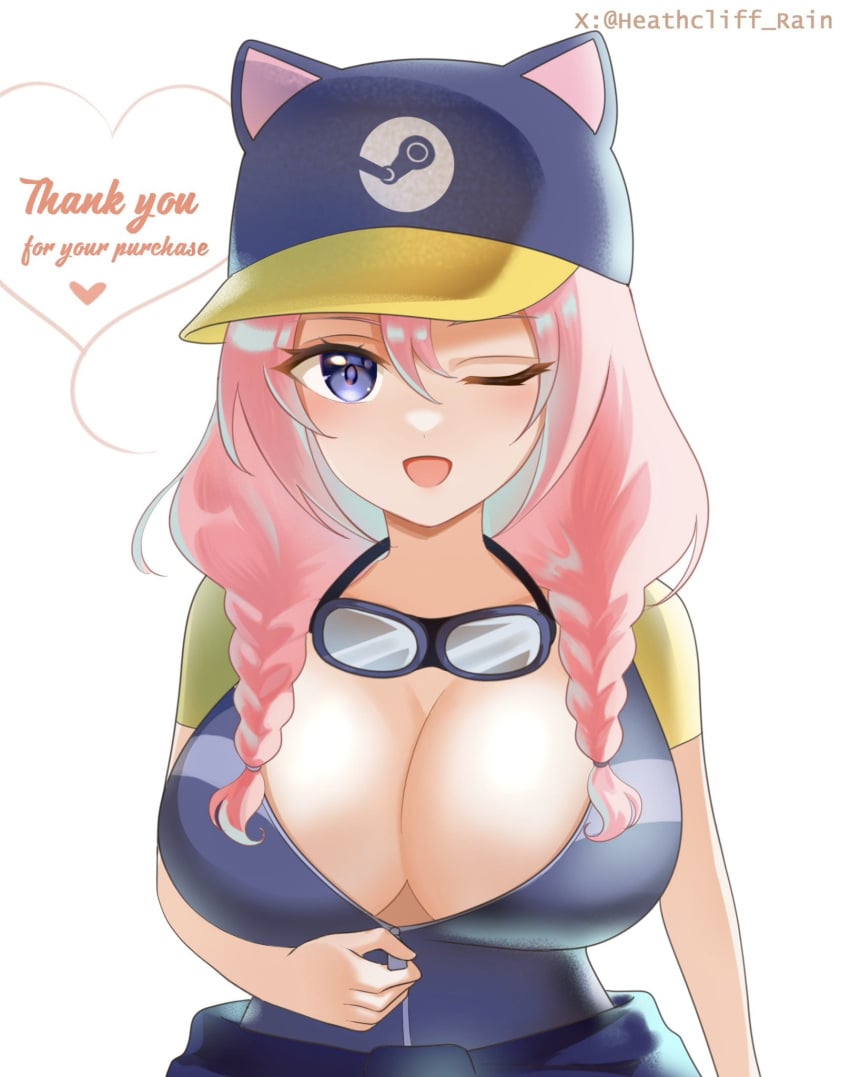 1girls 2024 big_breasts blue_eyes box breasts breasts_bigger_than_head cat_ear_hat cat_ears clothed clothing condom delivery_employee delivery_girl dialogue female goggle goggles_on_head hat headgear heathcliff_(artist) huge_breasts logo looking_at_viewer package parcel pink_hair pleasure_face ponytail self_upload sexual_barrier_device smile solo steam_(software) steam_delivery_girl text unzipped unzipping valve