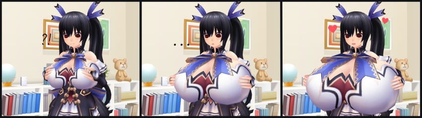 1girls 3d black_hair breast_expansion cleavage clothed hand_on_breasts neptunia_(series) noire red_eyes sequence silverrblade twintails