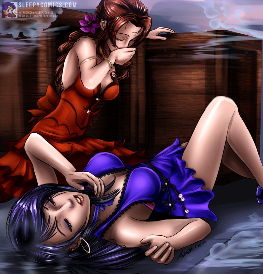 2girls aerith_gainsborough bare_shoulders black_hair blue_dress brown_hair closed_eyes dress female female_only final_fantasy final_fantasy_vii final_fantasy_vii_remake flower_in_hair gas high_heels long_hair sleeping_gas sleepycomics square_enix tifa_lockhart