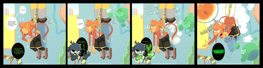 1boy 1girls ass bloons_tower_defense comic corvus_(bloons_tower_defense) freidesuu funny jetpack monkey monkey_girl nervous panties primate pussy rosalia_(bloons_tower_defense) text wedgie