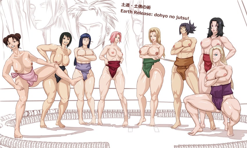 6+girls 8girls big_breasts black_hair blonde_hair blue_eyes blue_hair breasts brown_eyes brown_hair female female_only female_sumo green_eyes group hinata_hyuuga huge_breasts hyuuga_hinata ino_yamanaka kurenai_yuhi large_breasts leg_lift lord_hamilton mawashi mitarashi_anko multiple_girls naruto naruto_(series) naruto_shippuden pink_hair red_eyes sakura_haruno shizune sumo tenten thick_thighs tsunade white_eyes