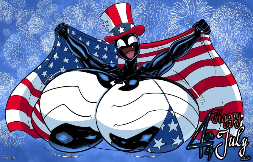 4th_of_july ameizing_lewds american_flag american_flag_bikini avengers black_body huge_breasts hyper hyper_breasts marvel marvel_comics she-venom she-venom_(ameizing_lewds) venom venom_(marvel) white_eyes