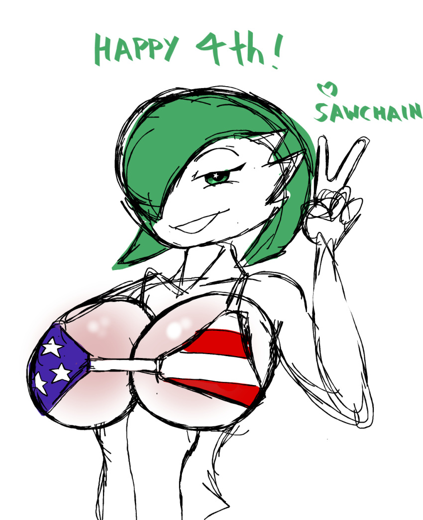 1girls 4th_of_july american_flag_bikini big_breasts bikini breasts cleavage curvy female female_only gardevoir green_eyes green_hair half-closed_eyes looking_at_viewer nintendo peace_sign pokemon pokemon_(species) sawchain sketch smile solo upper_body v white-skinned_female white_skin