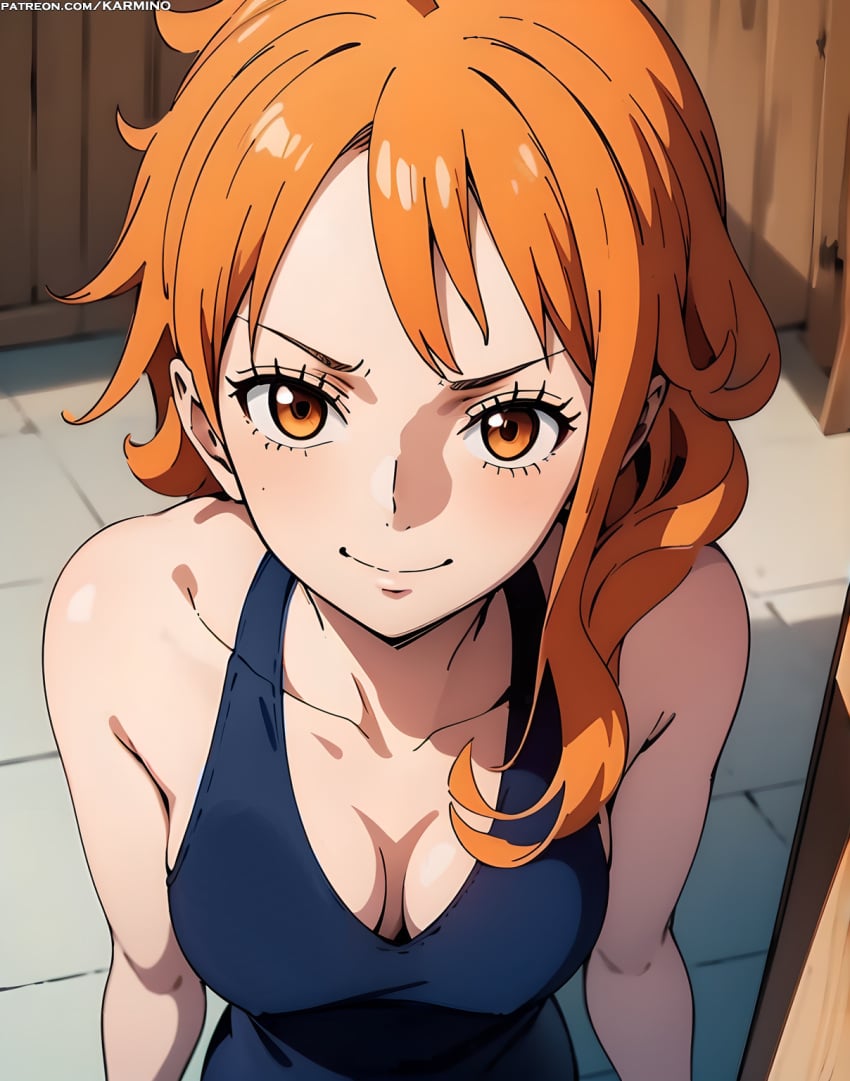 ai_generated bangs bare_arms bare_shoulders blue_tank_top blush breasts brown_eyes clavicle cleavage closed_mouth clothing dress female female_only indoors karmino large_breasts long_hair looking_at_viewer medium_breasts nami nami_(one_piece) one_piece orange_eyes orange_hair short_hair sleeveless smile solo tank_top upper_body