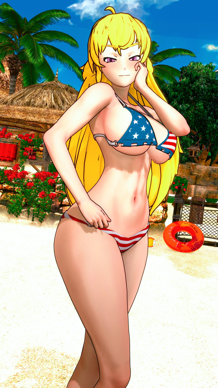 1girls american_flag_bikini beach big_breasts bikini bikini_bottom bikini_top blonde_female blonde_hair busty cleavage confident fourth_of_july indrick_[artist] legs long_hair long_hair_female navel pose posing purple_eyes rwby seductive seductive_smile smile solo_female thighs yang_xiao_long