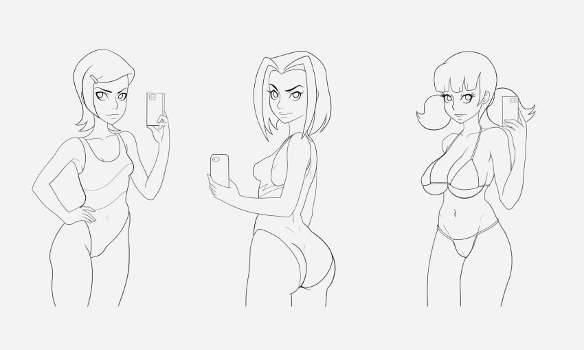 3girls aged_up ben_10 big_breasts bikini bubble_ass bubble_butt cameltoe crossover gwen_tennyson inspector_gadget jackie_chan_adventures jade_chan looking_at_viewer mangaka_j no_color one-piece_swimsuit penny_gadget phone selfie short_hair sketch smartphone swimsuit twintails