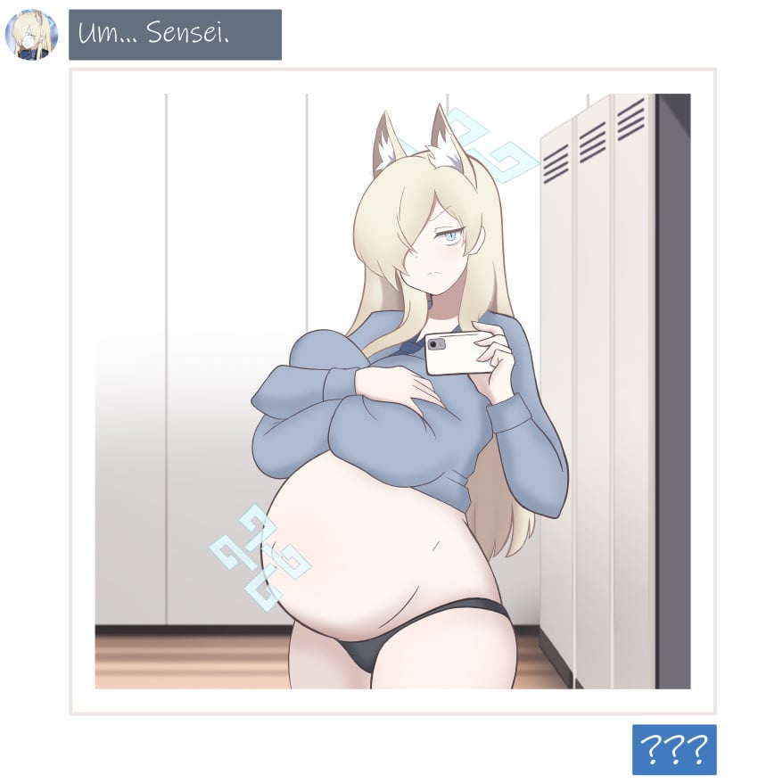 1girls akeggle big_belly big_breasts bloated_belly blonde_hair blue_archive blue_eyes blush chat chat_log clothed clothing dog_ears dog_girl female female_only hair_over_one_eye halo holding_breast kanna_(blue_archive) locker_room long_hair mirror_selfie navel one_eye_obstructed outie_navel pregnant selfie text wickedatlas