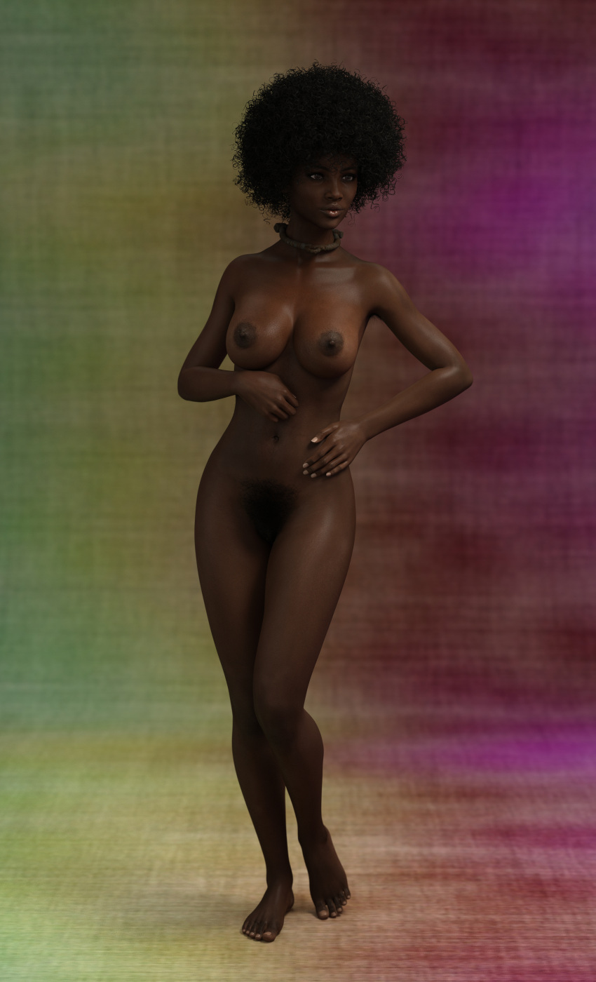 3d afro black_hair collar completely_nude completely_nude_female crabbyoldman dark_skin dark_skinned_female hairy_armpits original pubic_hair slave_collar