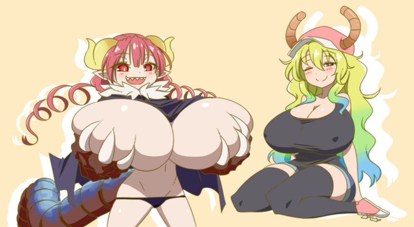 2girls grabbing_own_breast huge_breasts ilulu ilulu_(dragon_maid) ilulu_(maidragon) kobayashi-san_chi_no_maidragon lucoa lucoa_(maidragon) matsu-sensei miss_kobayashi's_dragon_maid pink_hair quetzalcoatl_(dragon_maid) smug tagme two_tone_hair